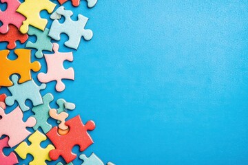Colorful puzzle pieces arranged on a vibrant blue background, providing ample space for text.