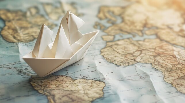 White paper ship on a paper map. Illustrating direction and navigation adventure