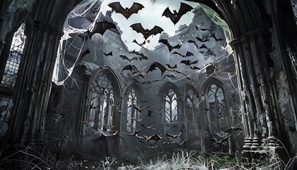 spooky abandoned church with bats and cobwebs