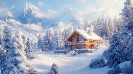Fototapeta premium A cozy cabin nestled in a snowy landscape with mountains and pine trees.