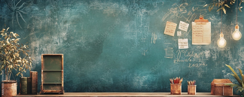 Poster empty classroom with blackboard, notes, and plants conveys learning atmosphere