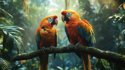 Two scarlet macaws in jungle setting, perched on mossy branch. Perfect for tropical wildlife, nature conservation, and birdthemed designs. Generated AI