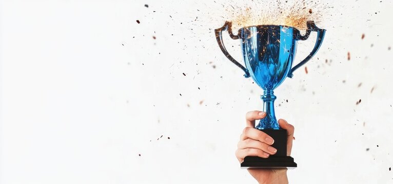 A hand holds a sparkling blue trophy, symbolizing achievement and celebration.