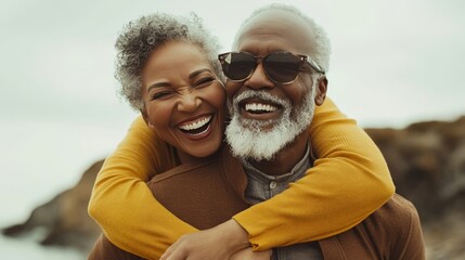 Heartwarming image of a happy senior couple outdoors, with the woman playfully giving the man a piggyback ride