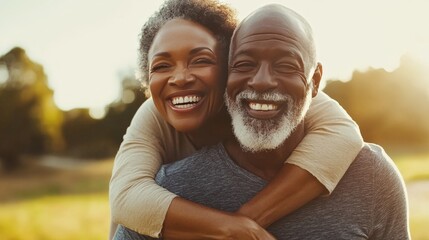 Heartwarming image of a happy senior couple outdoors, with the woman playfully giving the man a piggyback ride