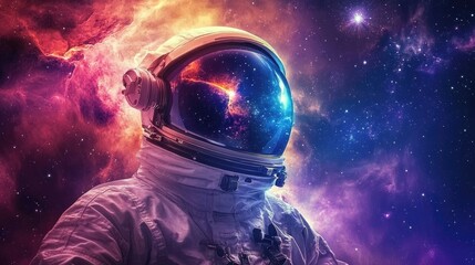 Astronaut in a cosmic setting, showcasing vibrant colors and a galaxy reflection in the helmet.