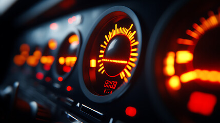Close-up of illuminated car dashboard gauges at night, showing speed, fuel, and other indicators.