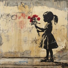 Girl stencil, flowers, weathered wall, graffiti art.