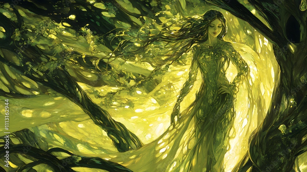 Aufkleber A clean depiction of a dryad standing amidst a cluster of smooth trees, her features faintly visible in the soft light.