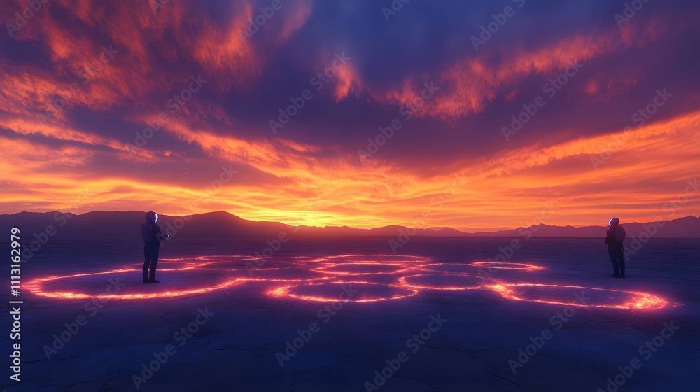 Poster Astronauts inspecting symmetrical glowing patterns etched into a flat alien plain under a vibrant sky.