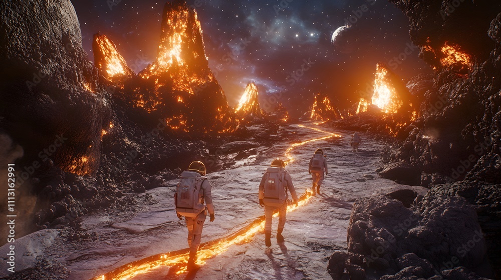 Poster A high-angle view of astronauts hiking along parallel paths through a glowing alien landscape.