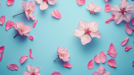 Pink flower petals scattered on a pastel blue background