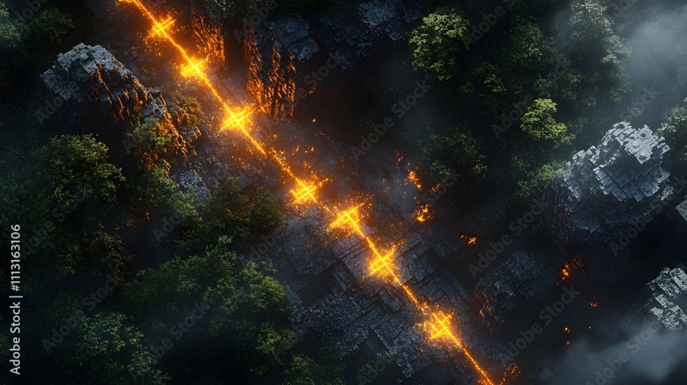 Poster Aerial perspective of astronauts navigating glowing symmetrical trails through an alien jungle.