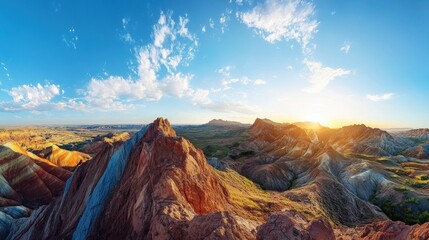 Naklejka premium A panoramic view of colorful mountains under a bright sky at sunset.