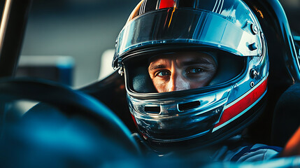 Fototapeta premium Close-up portrait of a focused race car driver wearing a helmet in his car.