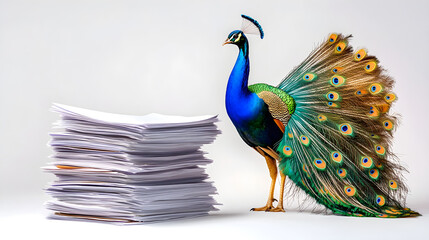 Fototapeta premium A colorful peacock standing proudly beside a stack of papers