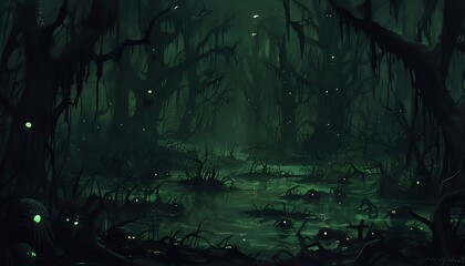 eerie swamp with dark trees and glowing eyes