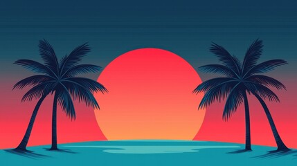 Sunset Over Tropical Beach with Silhouetted Palm Trees