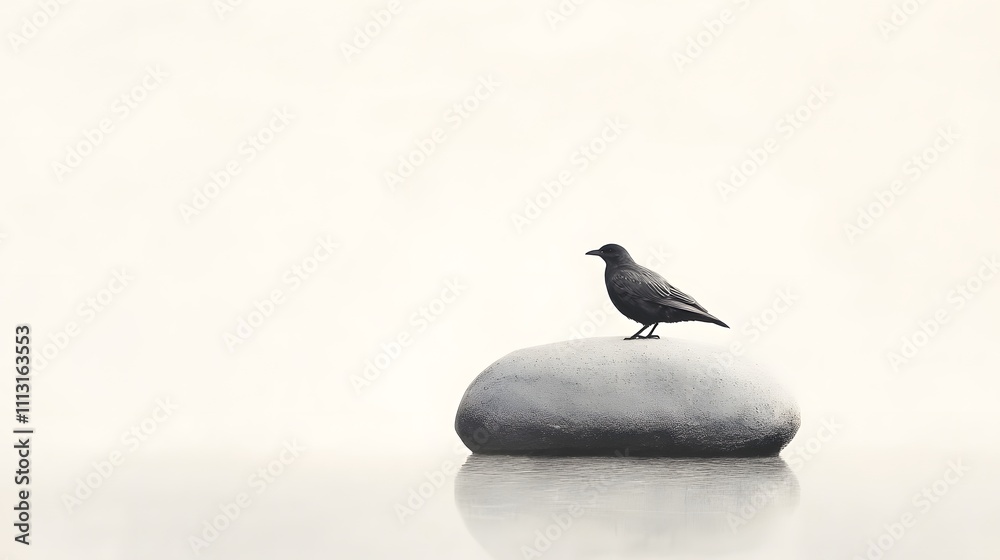 Aufkleber A clean and simple view of a thunderbird perched softly atop a flat stone, its shadow subtle against the muted ground.
