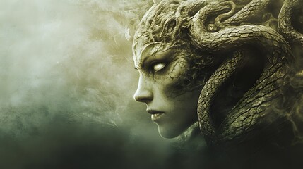 A neutral-toned image of a gorgon gazing softly into the distance, her form subdued against a flat stone wall.