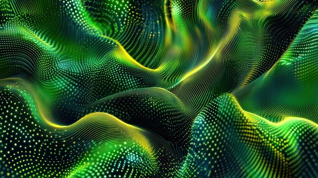 Neon green and cyan particle wave pattern, digital waves in motion, technology-inspired, 
