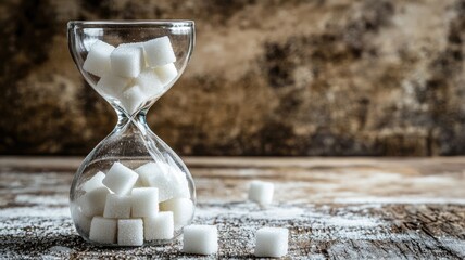Sugar cubes in hourglass on wooden surface with rustic background