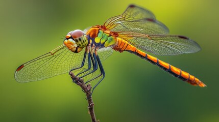Vibrant dragonfly perched on a twig, showcasing intricate patterns and colors.