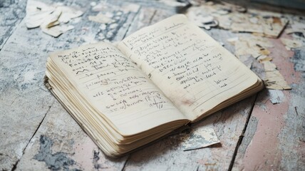Obraz premium Old, handwritten journal on rustic wooden table