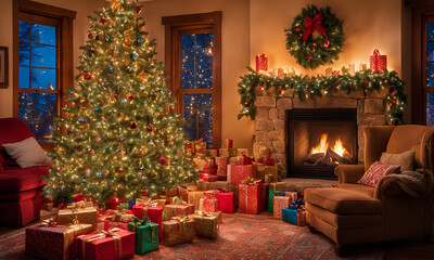 Obraz premium Create an illustration featuring a cozy living room interior, complete with a sofa, a mirror, a beautifully decorated Christmas tree, and festive decorations. The design should evoke the warmth