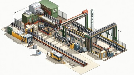 Fototapeta premium Industrial machines processing metal pipes in a large factory