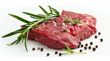 Fototapeta premium Raw beef steak with rosemary and peppercorns on white background.