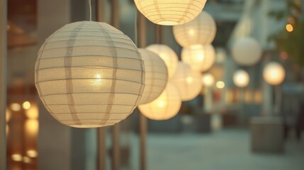 Fototapeta premium Soft, warm light from paper lanterns hanging in a city street at dusk.