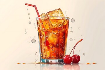Refreshing iced cherry soda drink in a glass with ice cubes and straw, water droplets, and cherries.