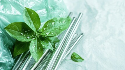Obraz premium Green leaves with water drops and reusable metal straws promoting environmental conservation