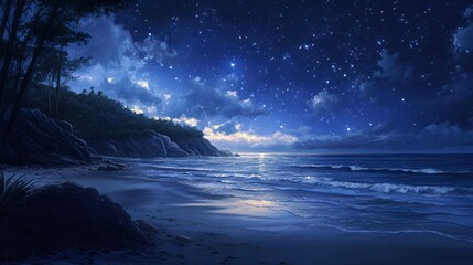 Fototapeta premium Starry night, tranquil beach, dark ocean waves.
