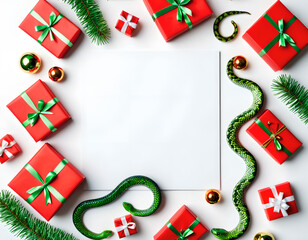 Green Snake Christmas Flat Lay white space in the center for text 