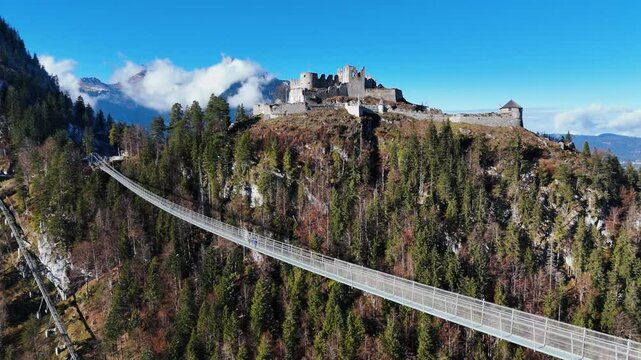 Aerial drone view of Highline179 and Ehrenberg Castle ruins in Austria