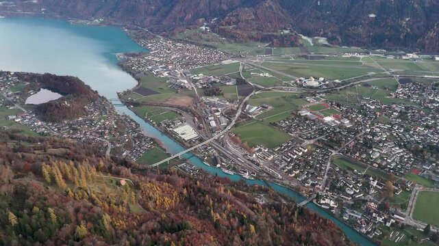 Aerial view of Interlaken city, Lake Brienz, and mountains from Harder Kulm