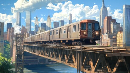 Obraz premium A Scenic Train Journey Across the Cityscape Bridge: New York City Subway Train on a Sunny Day