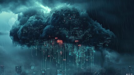 Naklejka premium A futuristic storm cloud crackles with vibrant lightning and glowing digital circuits, blending nature and technology in a dramatic, sci-fi-inspired skyscape above a distant cityscape.