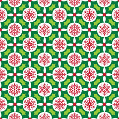 Seamless Pattern of Christmas Holly leaves and Snowflakes- Christmas Vector Illustration