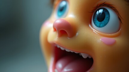 A closeup image showing the face of a doll with its mouth open wide