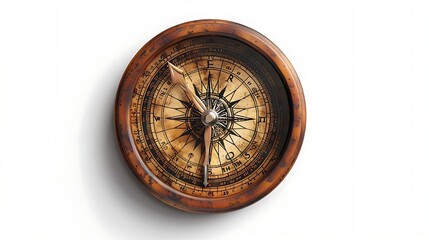 Antique compass with aged wooden casing and metallic needle pointing north, isolated on white background.
