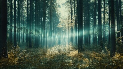 Fototapeta premium Sunbeams filtering through fog in magical forest
