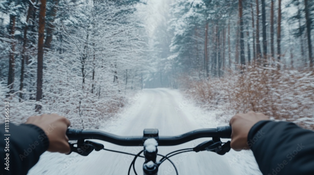Poster riding a bike along a snow-covered path in a serene forest surrounded by tall trees. soft snow blank