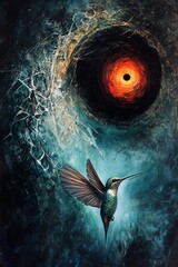 Conceptual illustration portraying the gentle heartbeat of a hummingbird juxtaposed with the overwhelming gravity of a black hole
