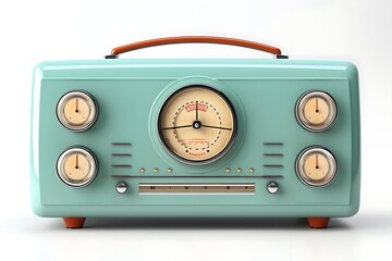 Obraz premium Vintage teal retro radio with orange handle and knobs on white background.