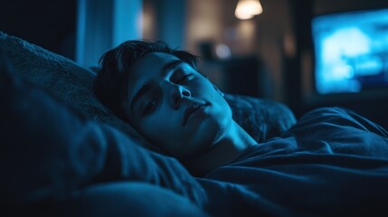 A young man resting on a couch in a dimly lit room.