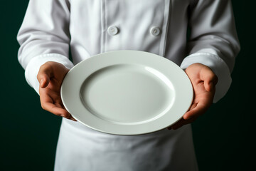 Culinary master chef in a white uniform holding an empty plain white plate against a green background. 

