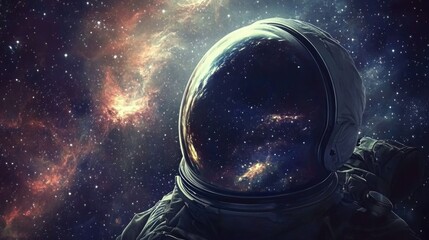 Astronaut helmet reflecting a cosmic scene, symbolizing exploration and the universe.